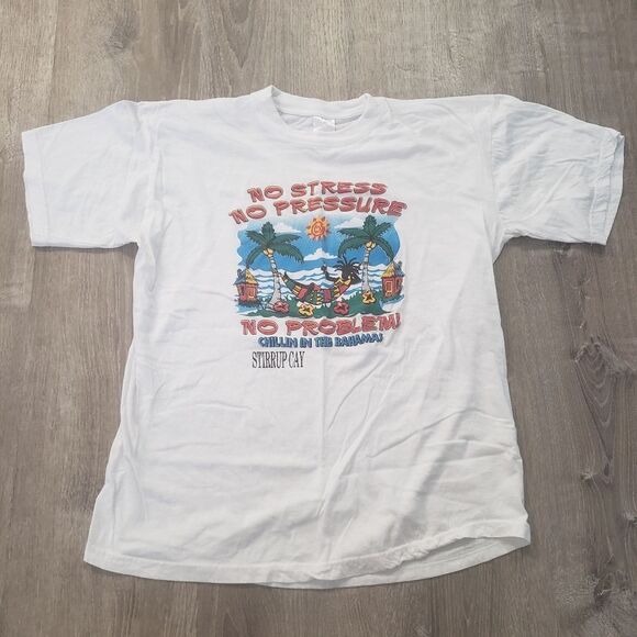 Vintage Y2K Stirrup Cay Bahamas No Stress Short Sleeve T Shirt White Size XL - Picture 1 of 9